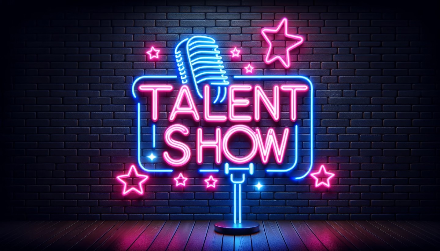 Vibrant Neon Talent Show Sign Against Brick Wall